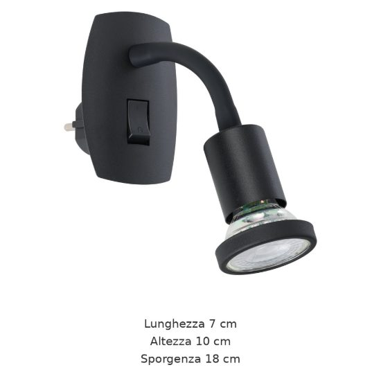 Eglo parrini faretto con spina gu10 led 4,5w 3000k 10cm moderno nero con braccio flessibile