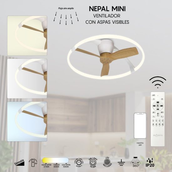 Ventilatore a plafone da soffitto bianco legno con telecomando led cct 2700k 5000k dimmerabile