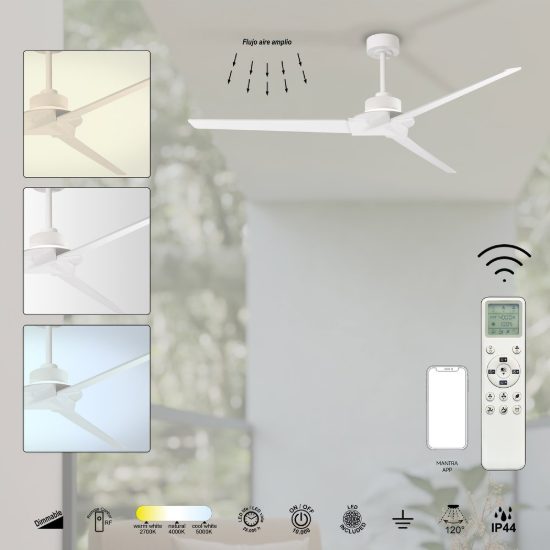 Ventilatore da soffitto da esterno bianco con luce e telecomando led cct 2700k 5000k ip44
