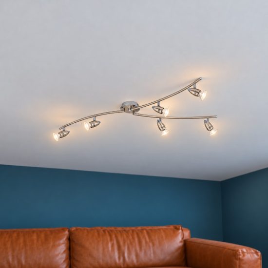 Eglo magnum-led plafoniera con 6 faretti gu10 led 16,8w 3000k orientabili 105cm per soggiorno moderna nichel e cromo