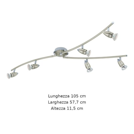 Eglo magnum-led plafoniera con 6 faretti gu10 led 16,8w 3000k orientabili 105cm per soggiorno moderna nichel e cromo