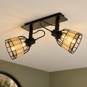 Eglo anwick 1 plafoniera con 2 faretti e27 orientabili 48cm per ingresso moderna nera con paralumi in rattan
