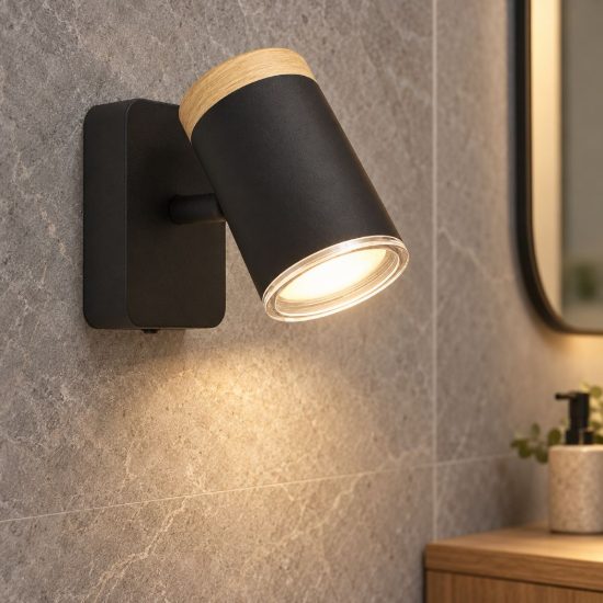 Eglo consuma applique con faretto gu10 orientabile 6cm ip44 per bagno moderna nera e marrone