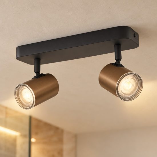 Eglo consuma 1 plafoniera con 2 faretti gu10 orientabili 28cm ip44 per bagno moderna bronzo e nera