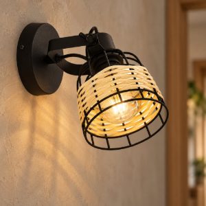 Eglo anwick 1 applique con faretto e27 orientabile 14cm per corridoio rustica nera con paralume in rattan