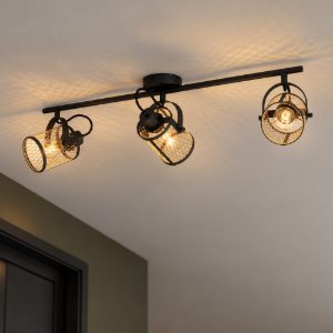 Eglo dellow plafoniera con 3 faretti e27 orientabili 83cm per corridoio moderna nera e ottone