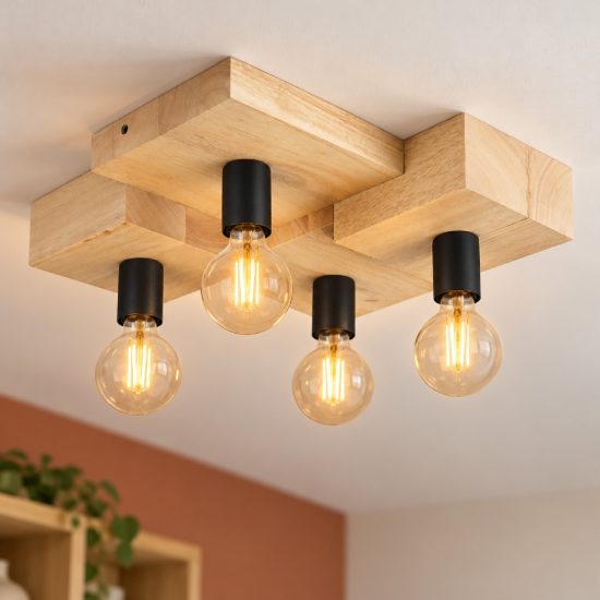 Eglo halkin plafoniera 4 luci 40cm per soggiorno rustica legno e nera