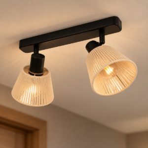 Eglo seagard plafoniera con 2 faretti e14 orientabili 30cm per corridoio moderna nera con paralumi in tessuto crema