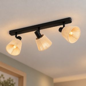 Eglo seagard plafoniera con 3 faretti e14 orientabili 52cm per corridoio moderna nera con paralumi in tessuto crema