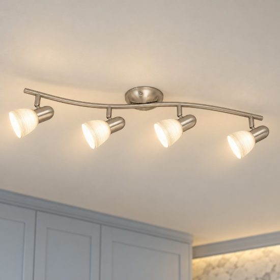 Eglo dakar 1 plafoniera con 4 faretti e14 orientabili 65cm per cucina moderna nichel