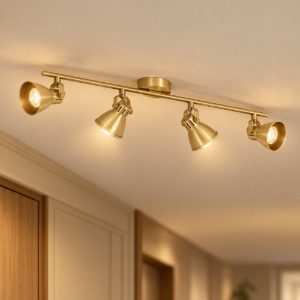 Eglo seras plafoniera con 4 faretti gu10 led 11,2w 3000k orientabili 77cm per corridoio moderna ottone e oro