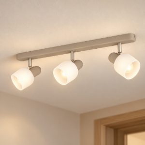 Eglo corato plafoniera con 3 faretti e14 orientabili 52cm per corridoio moderna sabbia e nichel satinato