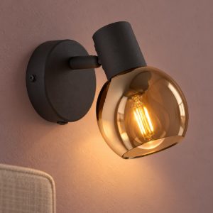 Eglo castellazo applique con faretto e14 orientabile 8,6cm per camera da letto moderna nera con vetro color rame