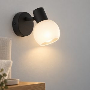 Eglo castellazo applique con faretto e14 orientabile 8,6cm per camera da letto moderna nera con vetro bianco