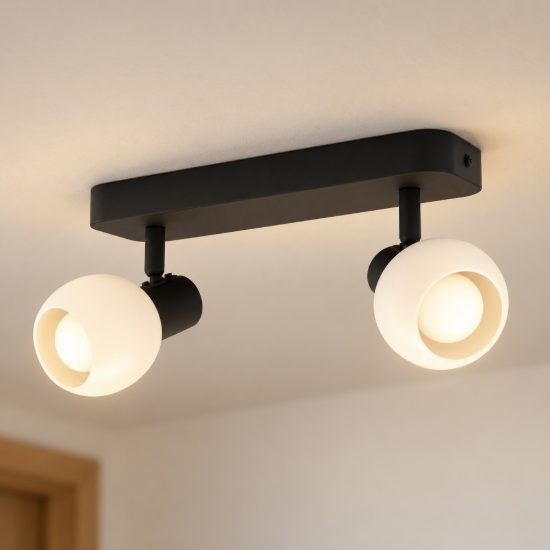 Eglo castellazo plafoniera con 2 faretti e14 orientabili 30cm per corridoio moderna nera con vetro bianco
