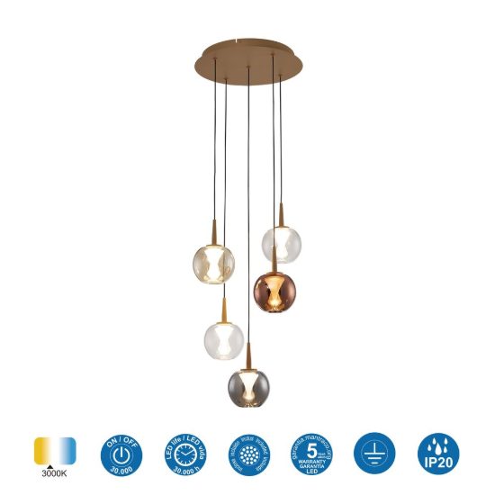 Lampadario moderno sfere oro vetro per ingresso led 25w 3000k