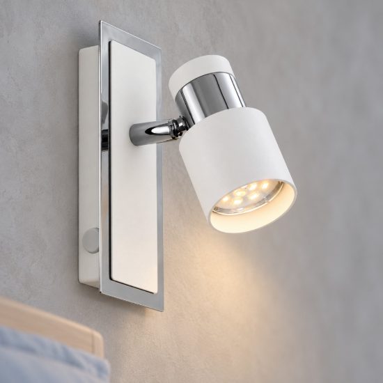 Eglo davida applique con faretto gu10 led 4,6w 3000k orientabile 16,5cm per camera da letto moderna cromo e bianca