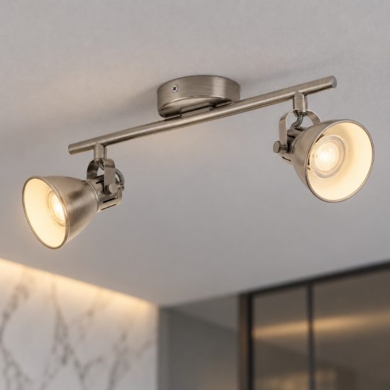 Eglo seras plafoniera con 2 faretti gu10 led 5,6w 3000k orientabili 37cm per ingresso moderna nichel invecchiato e panna