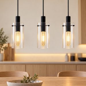 Eglo montefino lampadario 3 luci 73cm per cucina moderno nero con vetri trasparenti