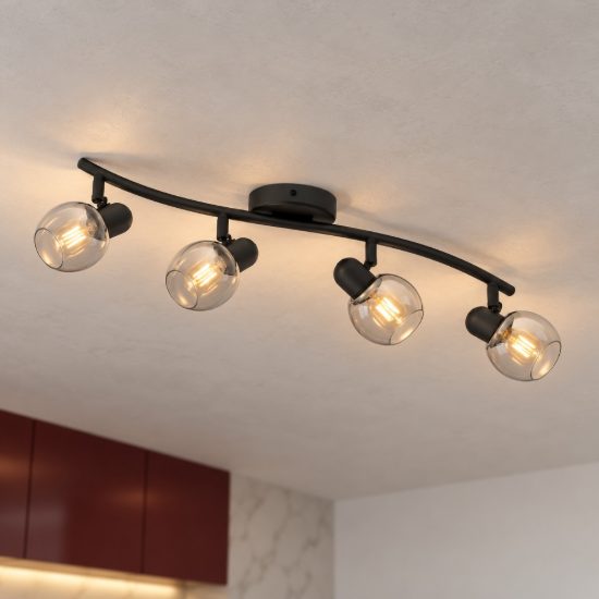 Eglo pollica plafoniera con 4 faretti e14 orientabili 64cm per cucina moderna nera