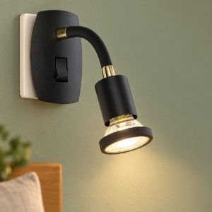 Eglo parrini faretto con spina gu10 led 4,5w 3000k 10cm moderno nero e ottone con braccio flessibile