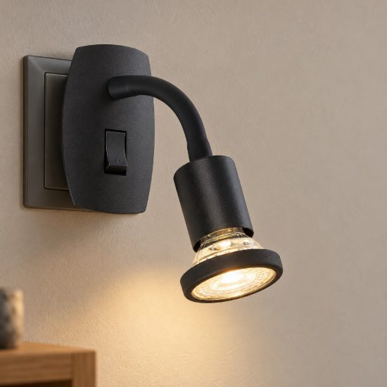 Eglo parrini faretto con spina gu10 led 4,5w 3000k 10cm moderno nero con braccio flessibile