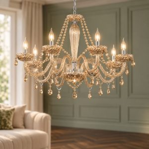 Eglo basilano lampadario 8 luci 82cm per salotto classico cromo con pendenti cognac