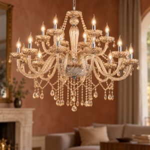 Eglo basilano lampadario 18 luci 100cm per salotto classico cromo con pendenti cognac