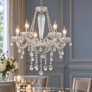 Eglo basilano 1 lampadario 6 luci 72cm per sala da pranzo classico cromo con pendenti trasparenti