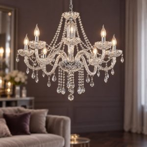 Eglo basilano 1 lampadario 8 luci 82cm per salotto classico cromo con pendenti trasparenti