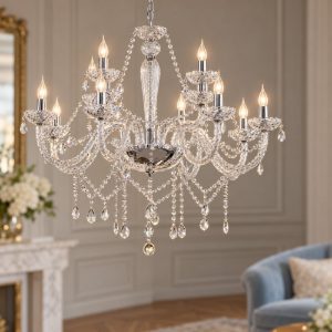 Eglo basilano 1 lampadario 12 luci 100cm per salotto classico cromo con pendenti trasparenti