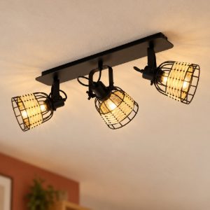 Eglo anwick 1 plafoniera con 3 faretti e27 orientabili 67cm per soggiorno moderna nera con paralumi in rattan