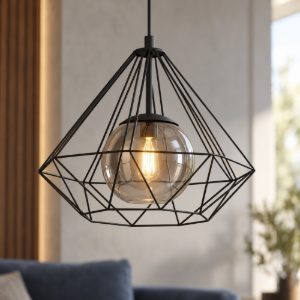 Eglo vernham lampadario a sospensione 44,5cm per soggiorno industriale nero con vetro fumé