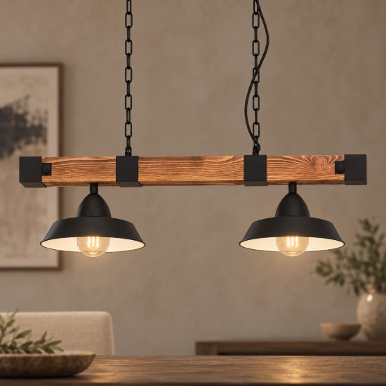 Eglo oldbury lampadario a sospensione 2 luci 86cm per sala da pranzo rustico nero e marrone