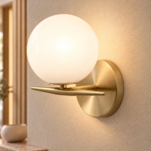 Applique da parete per soggiorno sferica bianco e ottone vetro