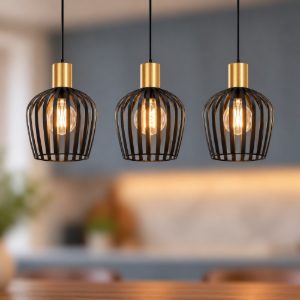 Eglo empoli lampadario a sospensione 3 luci 90cm per cucina moderno nero e ottone spazzolato