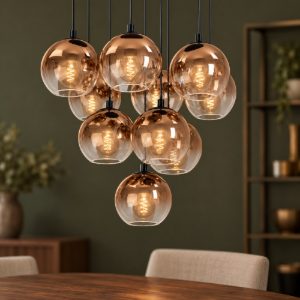 Eglo ariscani 1 lampadario 10 luci 64,5cm per sala da pranzo moderno nero con sfere ramate