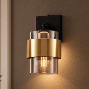 Applique da parete cilindro moderna nero e oro ottone vetro per soggiorno 10cm