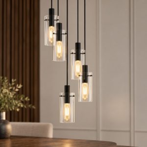 Eglo montefino lampadario 5 luci 35cm per sala da pranzo moderno nero con vetri trasparenti