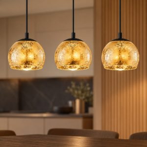 Eglo albaraccin lampadario a sospensione 3 luci 78cm per cucina moderno nero con vetri oro