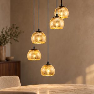 Eglo albaraccin lampadario a sospensione 5 luci 58,5cm per sala da pranzo moderno nero con vetri oro