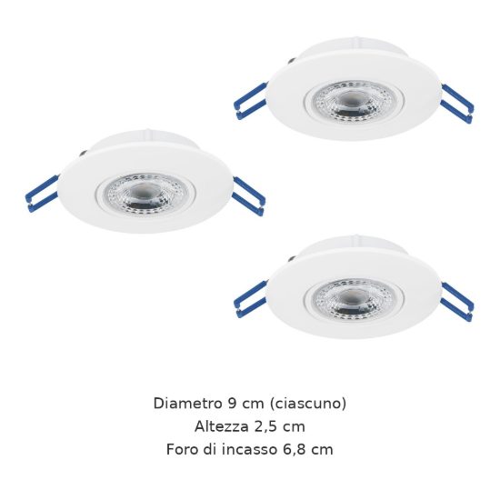 Eglo gedrez set 3 faretti da incasso per cartongesso led 3x4,9w cct 2700k 6500k foro 6,8cm bianco