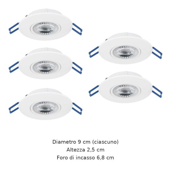 Eglo gedrez set 5 faretti da incasso per cartongesso led 5x4,9w cct 2700k 6500k foro 6,8cm bianco