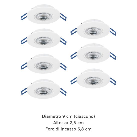 Eglo gedrez set 7 faretti da incasso per cartongesso led 7x4,9w cct 2700k 6500k foro 6,8cm bianco