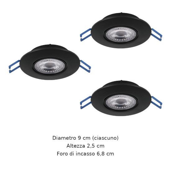 Eglo gedrez set 3 faretti da incasso per cartongesso led 3x4,9w cct 2700k 6500k foro 6,8cm nero