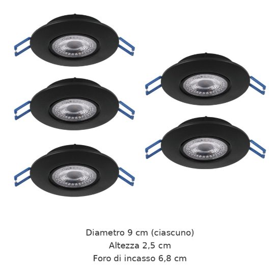 Eglo gedrez set 5 faretti da incasso per cartongesso led 5x4,9w cct 2700k 6500k foro 6,8cm nero