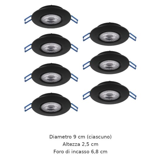 Eglo gedrez set 7 faretti da incasso per cartongesso led 7x4,9w cct 2700k 6500k foro 6,8cm nero