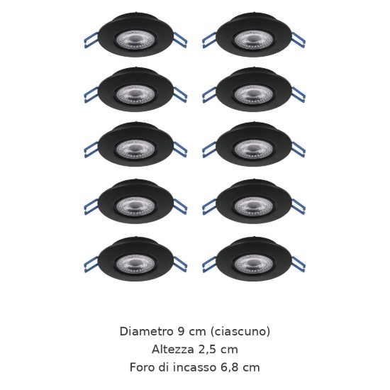 Eglo gedrez set 10 faretti da incasso per cartongesso led 10x4,9w cct 2700k 6500k foro 6,8cm nero