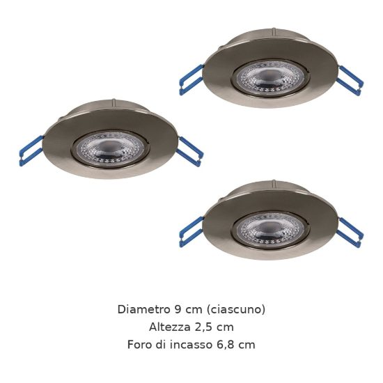 Eglo gedrez set 3 faretti da incasso per cartongesso led 3x4,9w cct 2700k 6500k foro 6,8cm nichel opaco