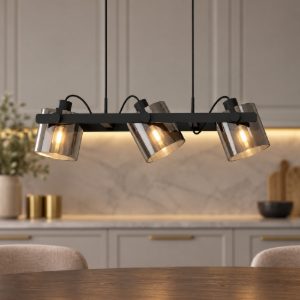 Eglo hornwood 2 lampadario a sospensione 3 luci 78cm per cucina moderno nero con vetri fumé